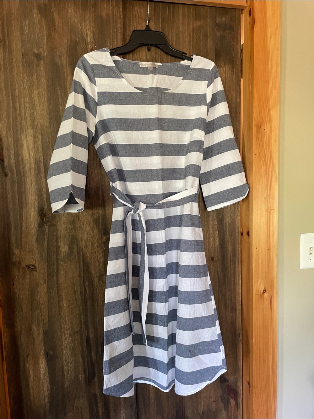 DownEast Navy and White Striped Belted Midi Dress